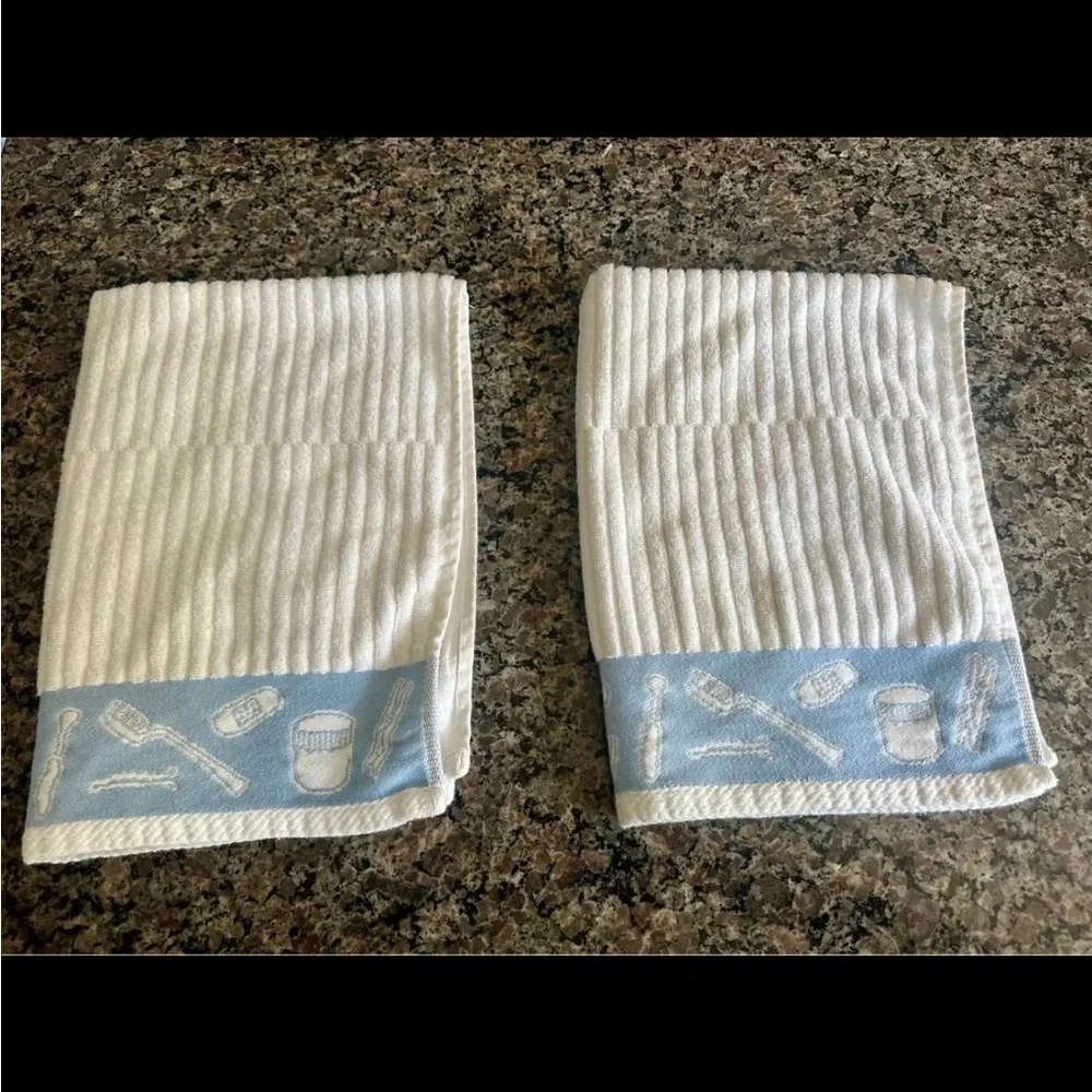 IKEA Ribbed Hand Towels – White with Blue Toiletry Print Trim (Set of 2)